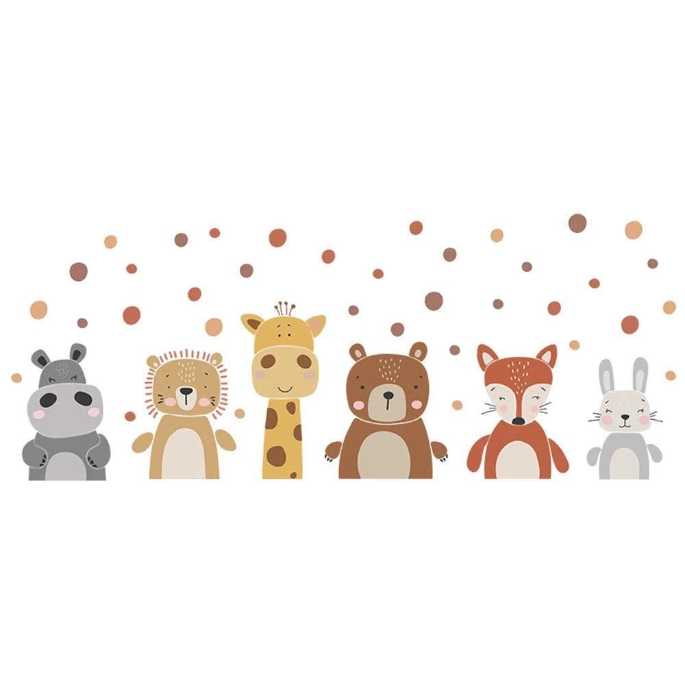 Boho animal wall decals for kids' rooms, featuring a hippo, lion, giraffe, bear, fox, and bunny with brown dots.