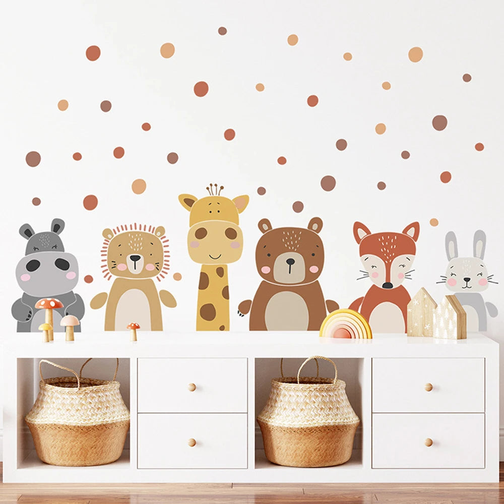 Boho animal wall decals for kids' room: hippo, lion, giraffe, bear, fox, and bunny with brown polka dots.