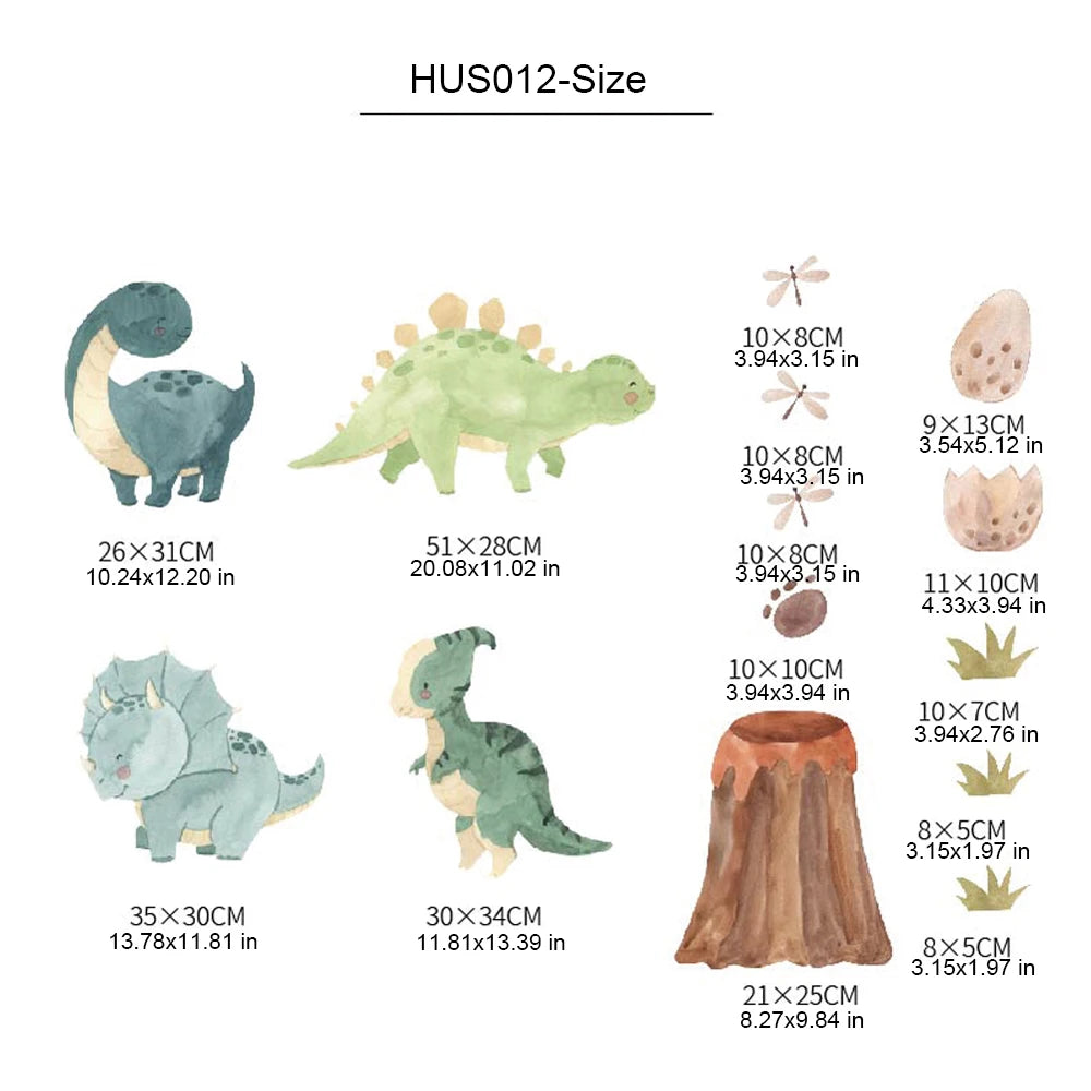 Watercolor dinosaur and ABC wall stickers in green and blue, with volcano and eggs, showing various sizes.