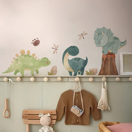 Watercolor dinosaur and ABC wall decals for kids' rooms, featuring green and blue dinosaurs, paw prints, and dragonflies.