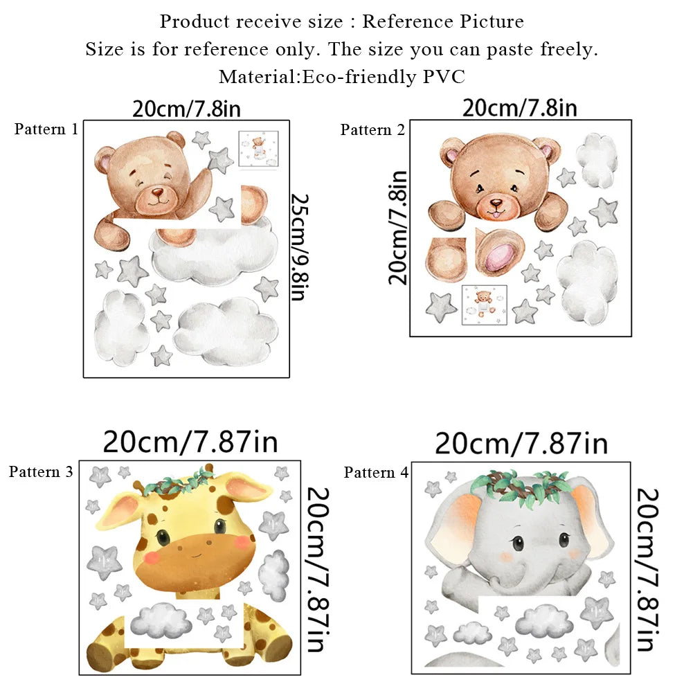 Eco-friendly PVC wall stickers featuring cute cartoon bears, a giraffe, and an elephant with clouds and stars.