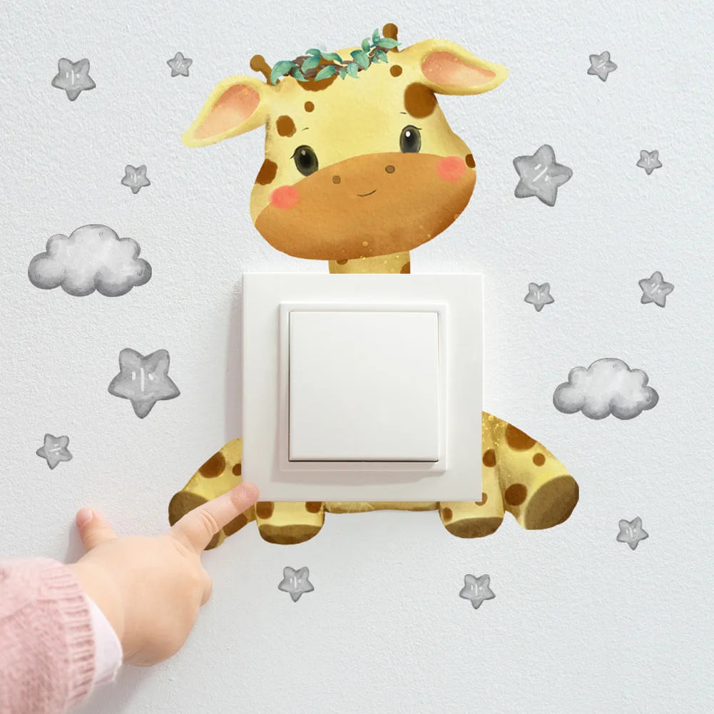 Cute watercolor giraffe wall decal with stars and clouds, surrounding a light switch.