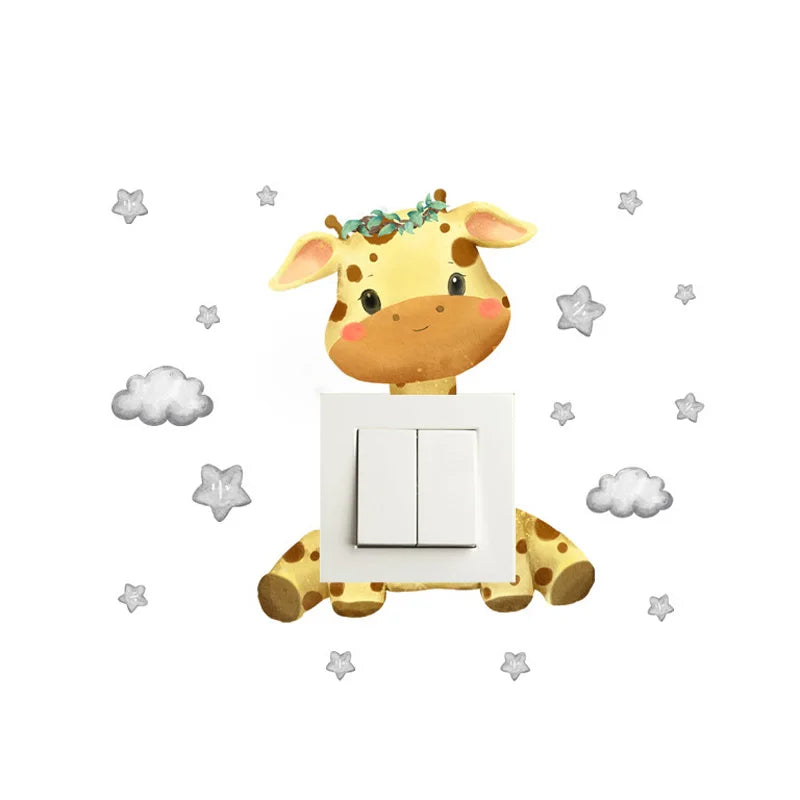 Cute cartoon giraffe wall decal for light switch, surrounded by grey clouds and stars.
