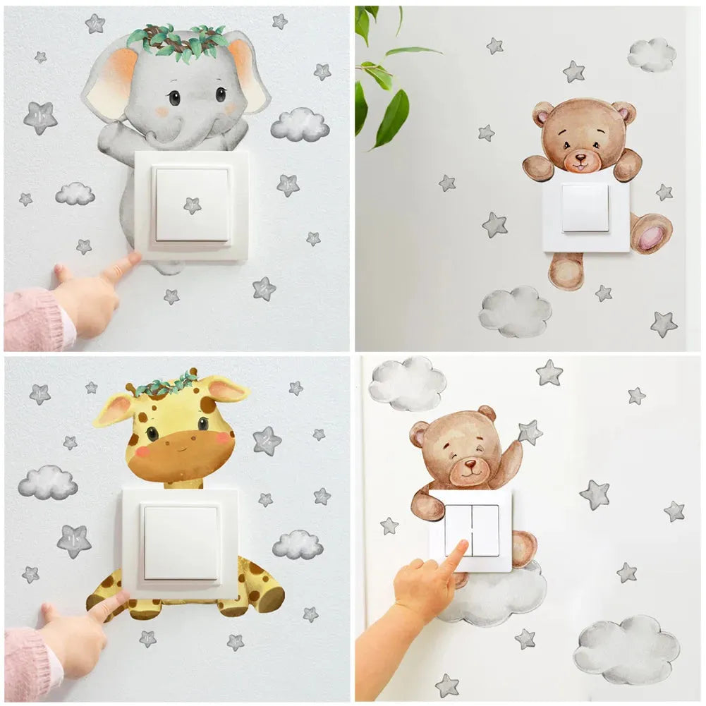 Cartoon animal wall decals for kids' rooms: elephant, giraffe, and teddy bears with stars and clouds.