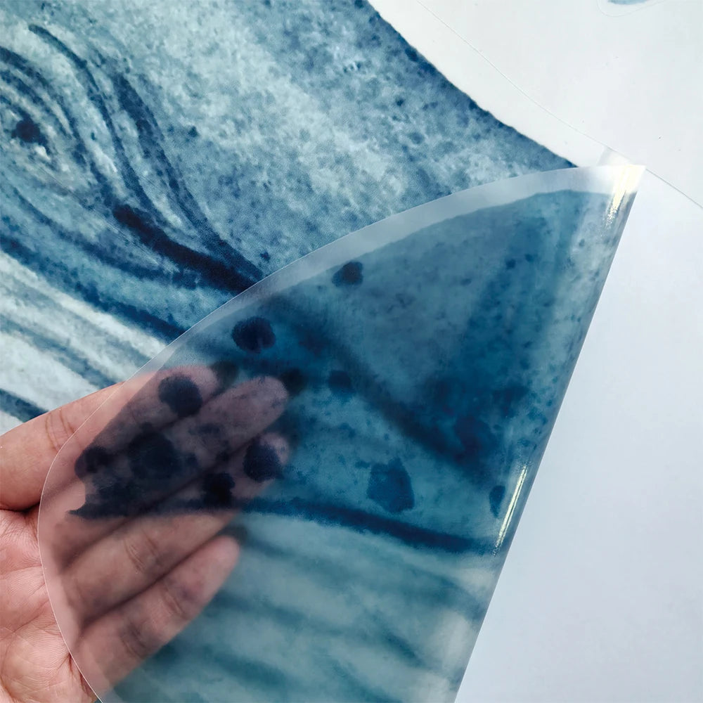 Hand peeling a transparent PVC whale watercolor wall sticker, revealing its blue design.
