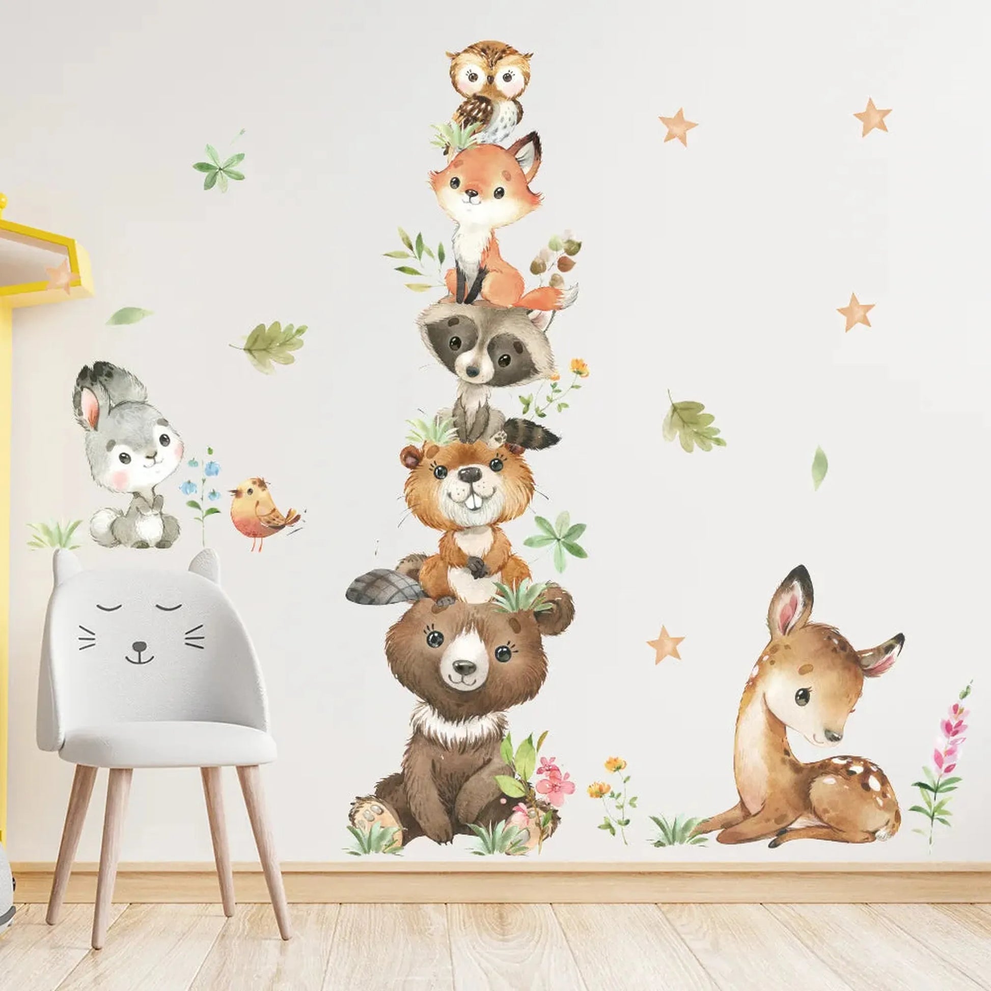 Watercolor forest animal wall decals for nursery, featuring a stacked owl, fox, raccoon, beaver, bear, and a sitting deer.