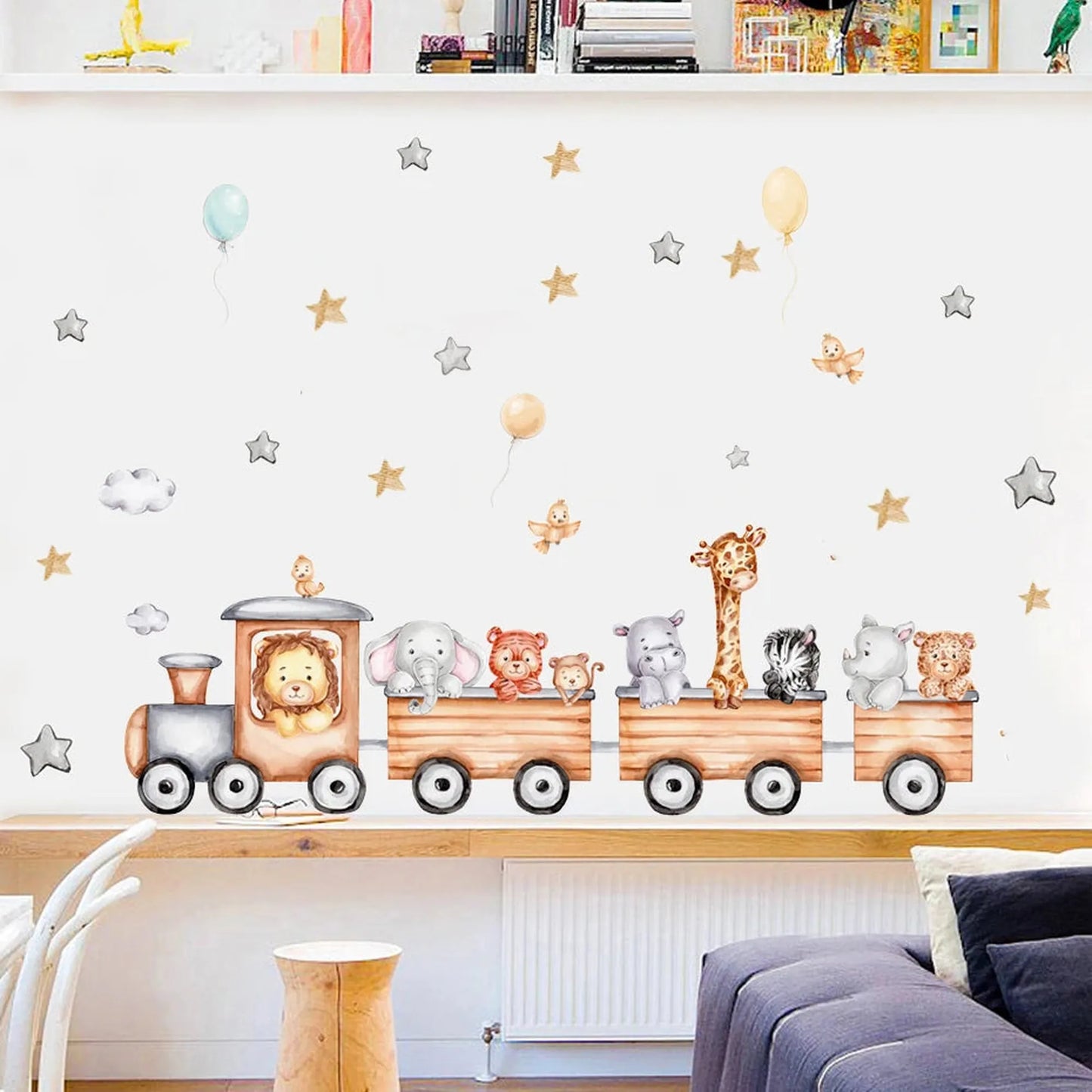 Watercolor forest animal train wall decals for nursery with stars and balloons.
