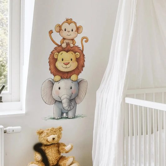 Cute watercolor jungle animal wall decal featuring a monkey, lion, and elephant stacked, perfect for a nursery.