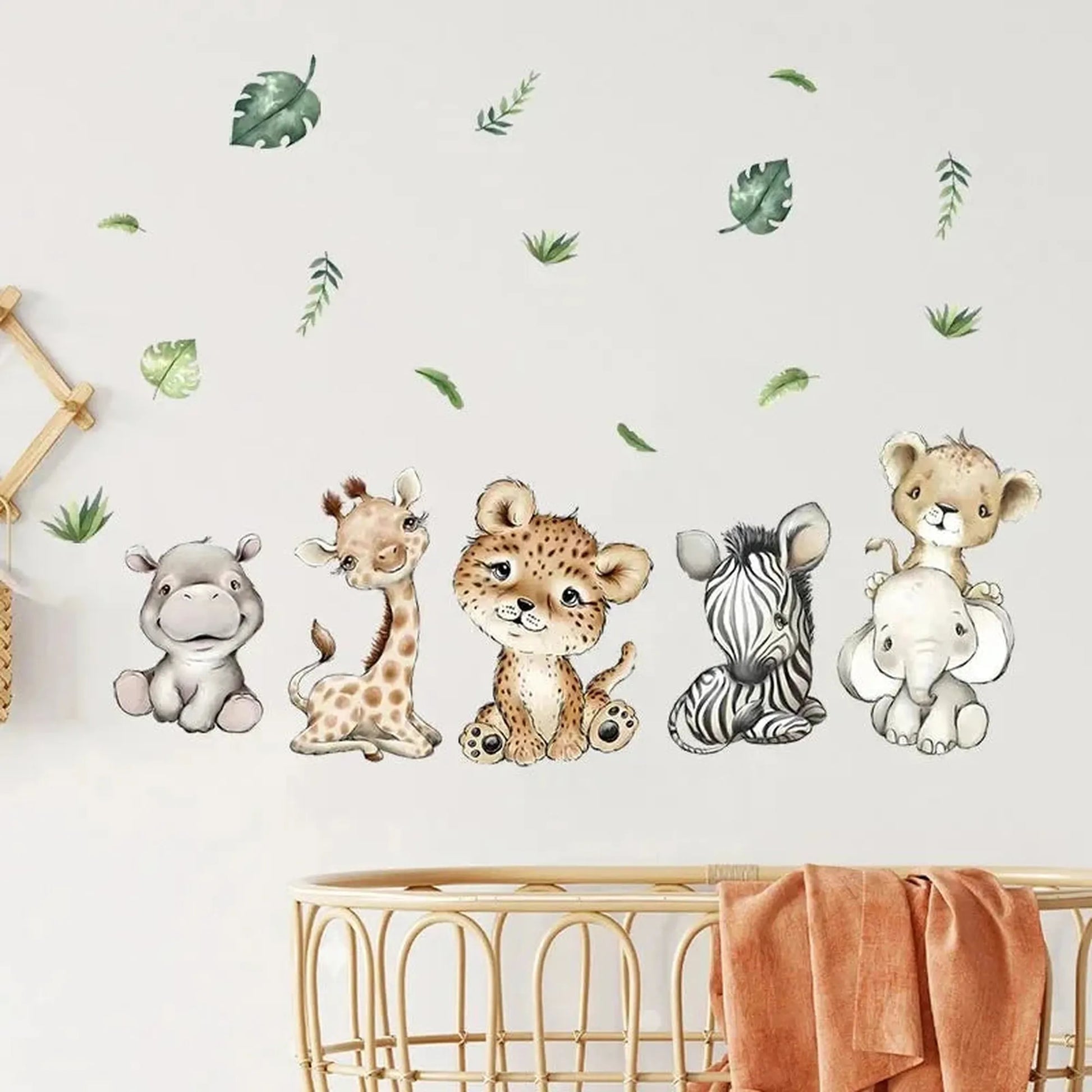 Cute watercolor jungle animal wall decals for nursery: hippo, giraffe, leopard, zebra, lion, and elephant with green leaves.
