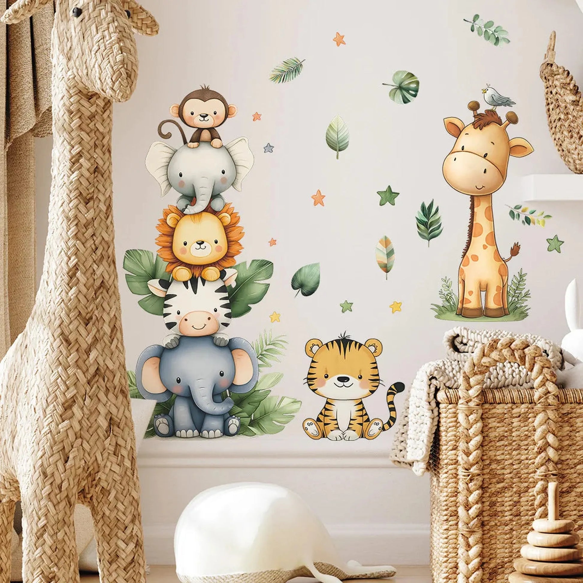 Cute jungle animal wall decals for nursery, featuring a stacked elephant, lion, zebra, and monkey, plus a giraffe and tiger.