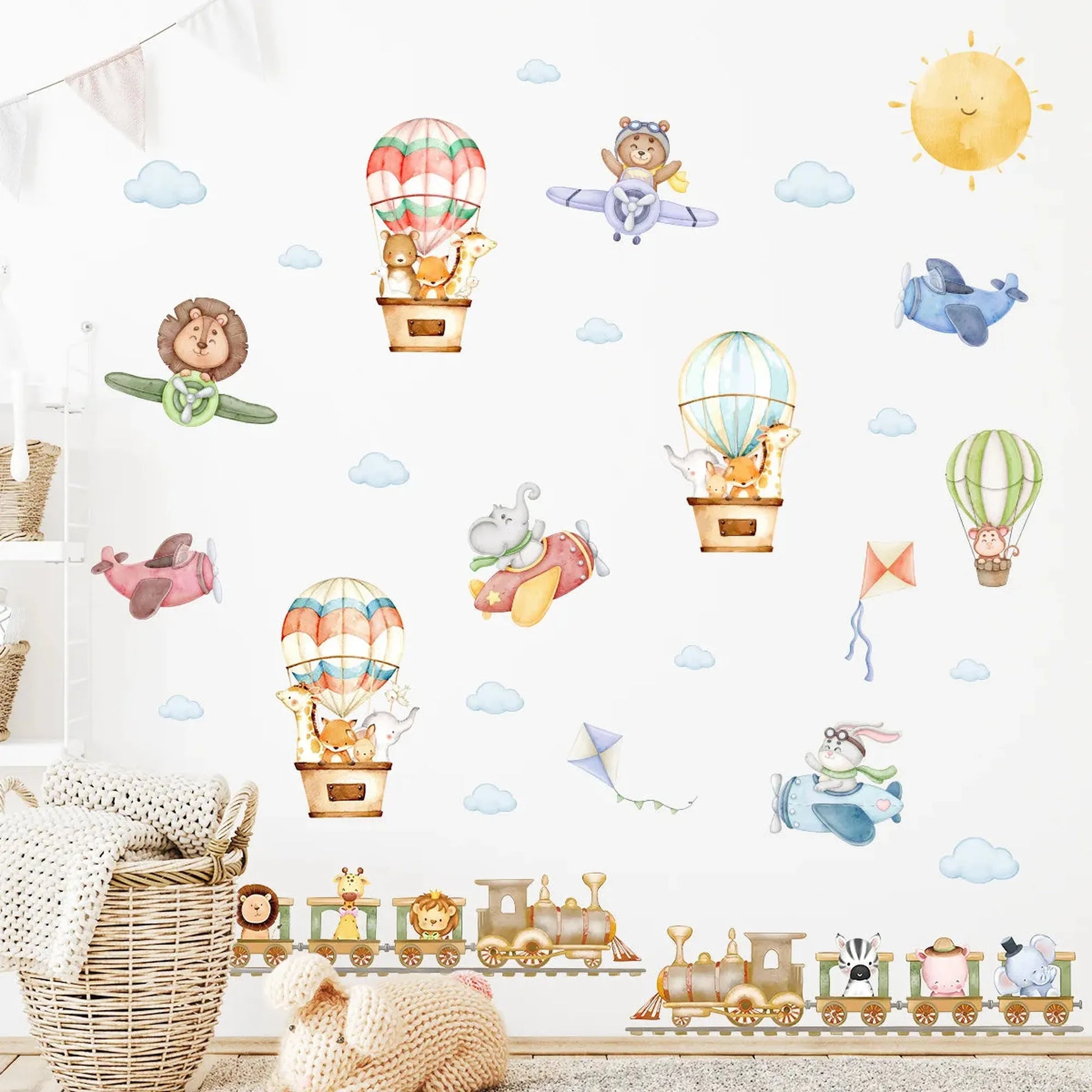 Watercolor forest animal wall decals for nursery, featuring hot air balloons, airplanes, and a train with cute animals.