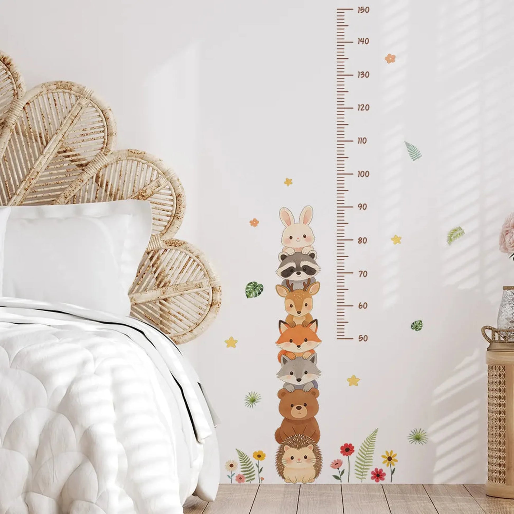 Forest animal height chart wall decal for nursery with cute stacked creatures.