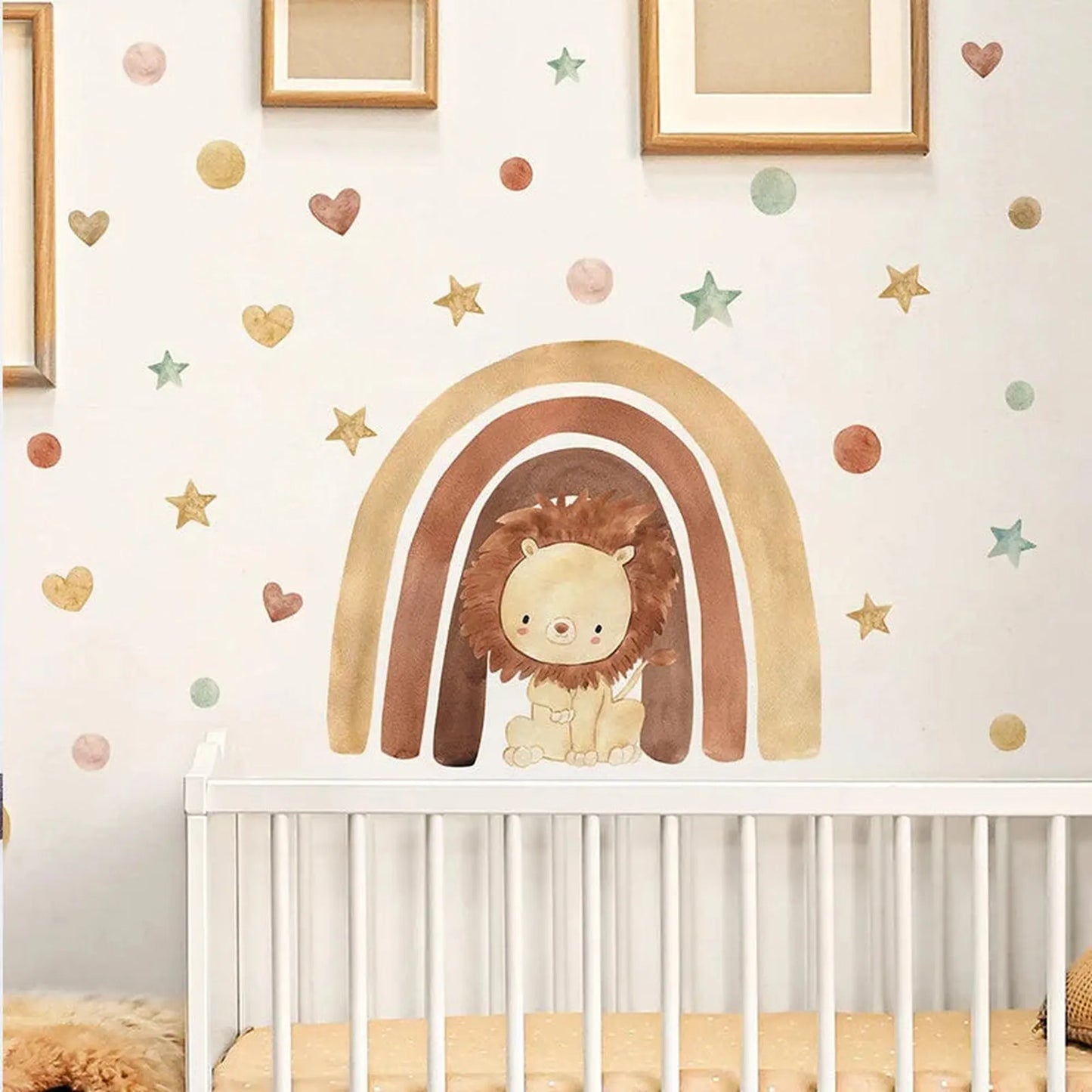 Watercolor forest animal wall decals for nursery: cute lion under a rainbow with stars, hearts, and dots.