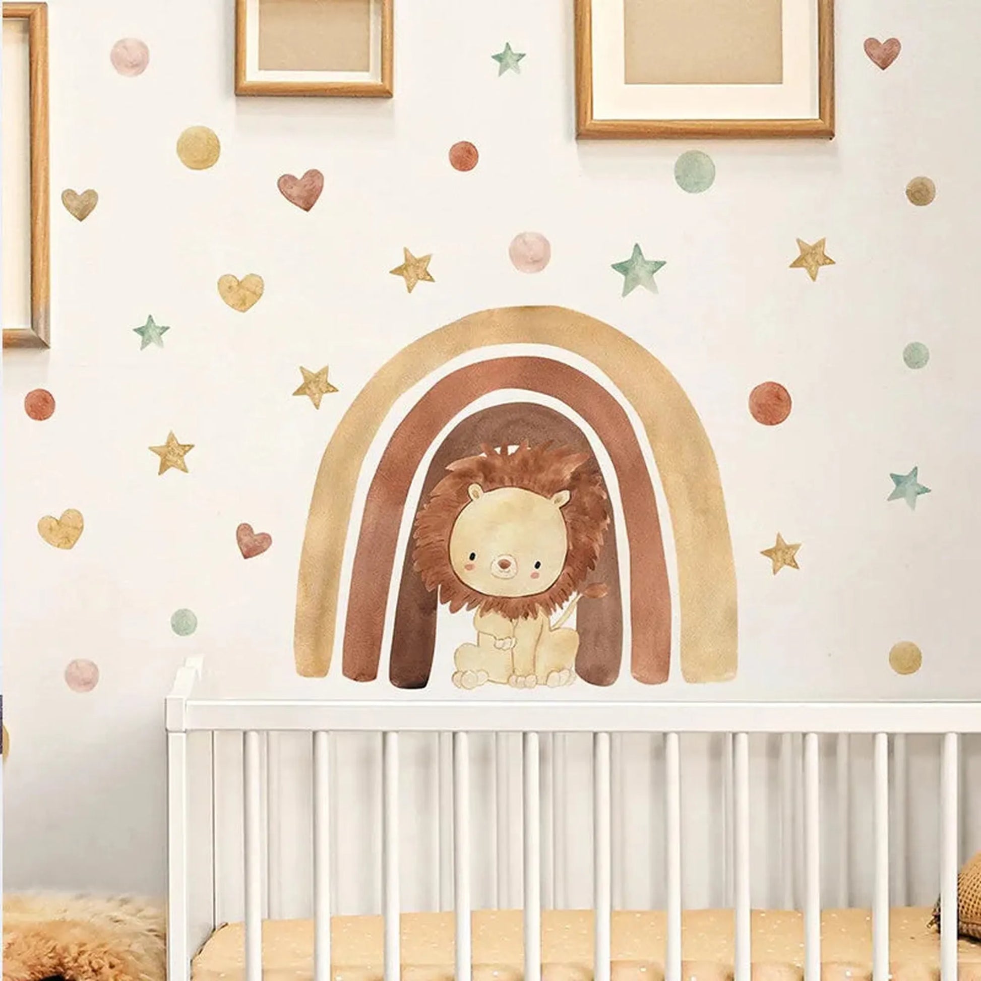 Watercolor forest animal wall decals for nursery: cute lion under a rainbow with stars, hearts, and dots.