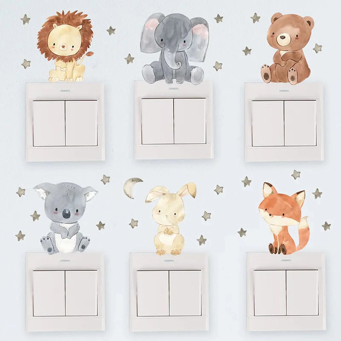 Watercolor forest animal wall decals for light switches: lion, elephant, bear, koala, bunny, fox, with stars.