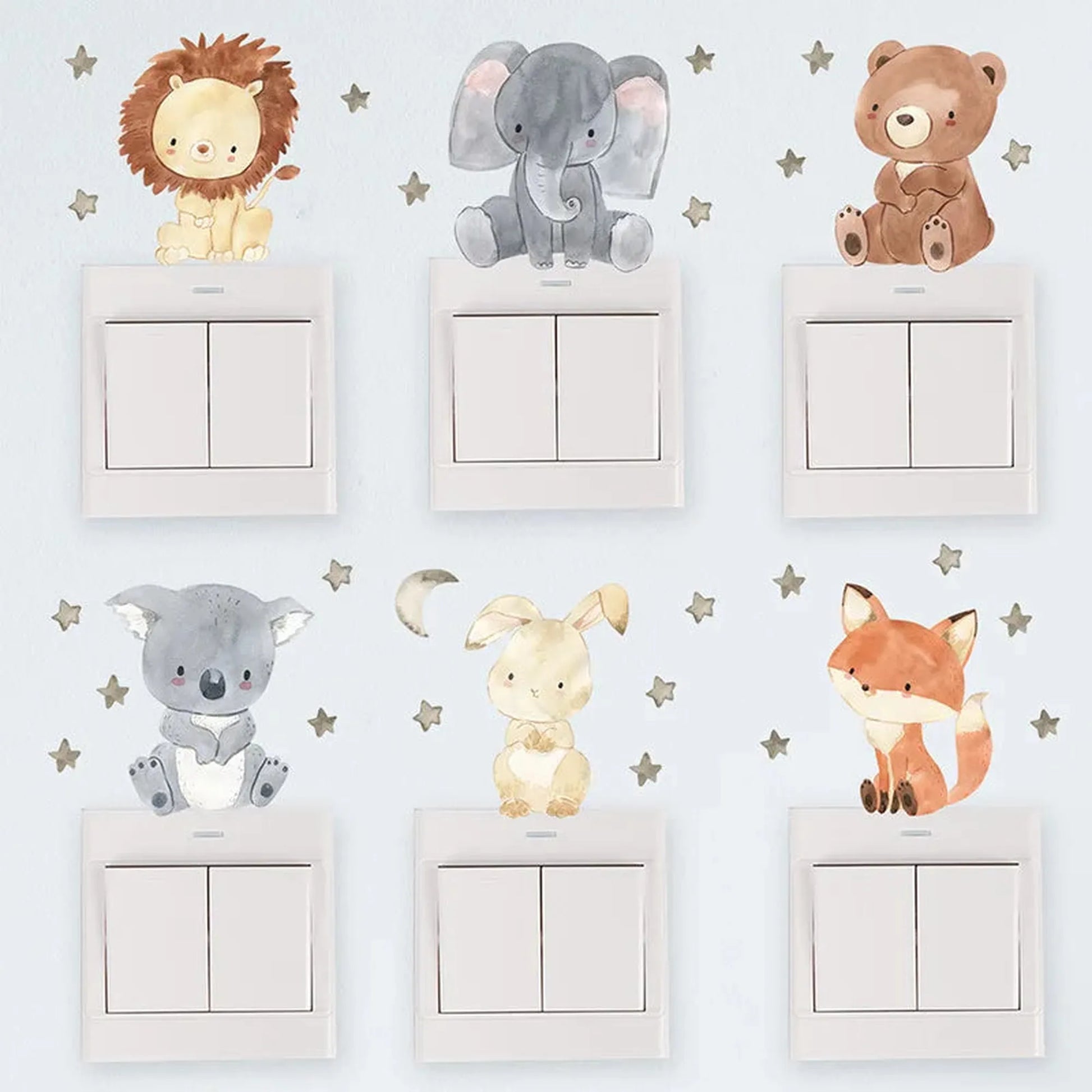 Watercolor forest animal wall decals for light switches: lion, elephant, bear, koala, bunny, fox, with stars.