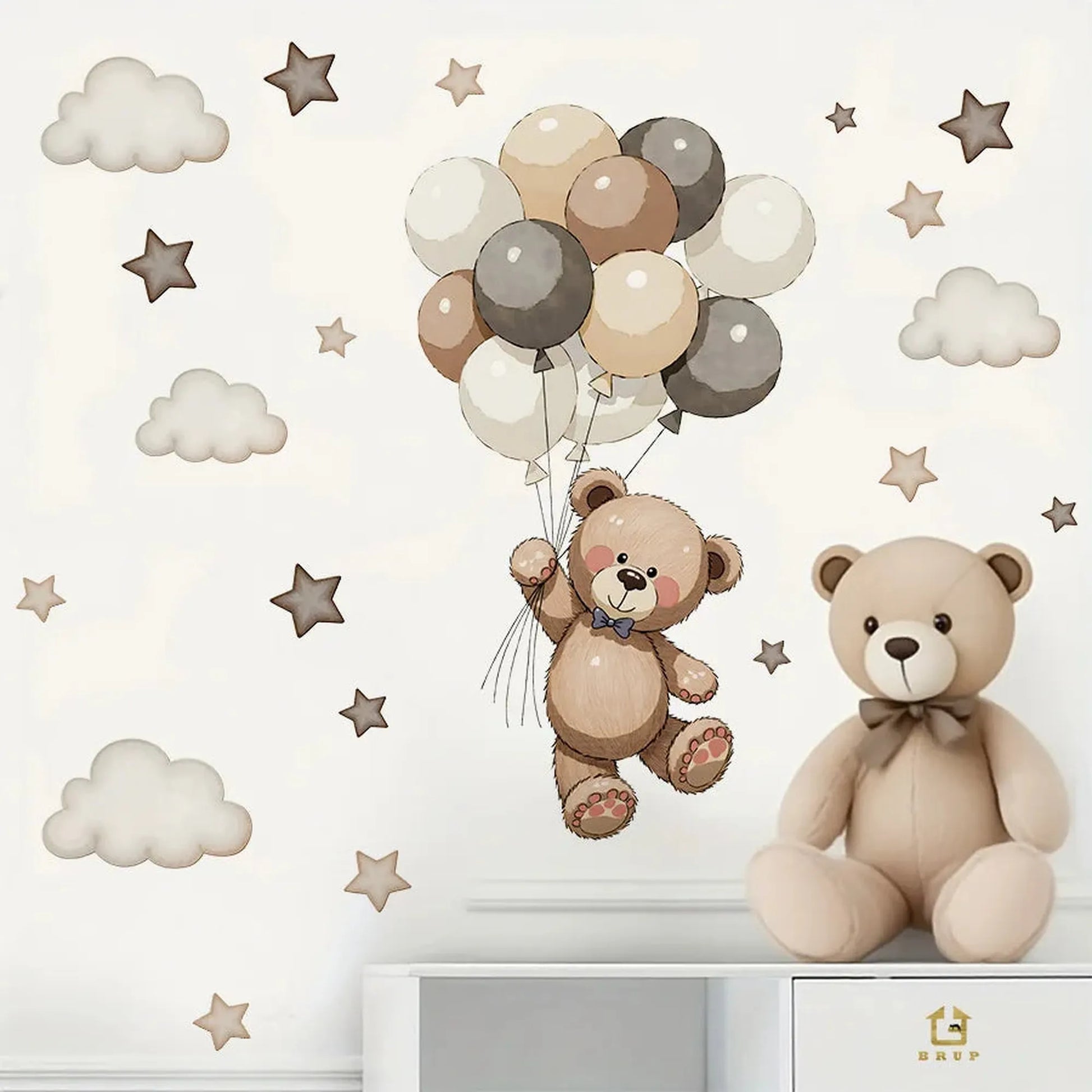 Cute teddy bear wall decals with balloons, clouds, and stars for a baby's room.