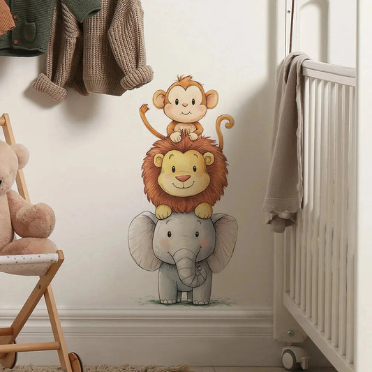 Cute forest animal wall decals: stacked elephant, lion, and monkey for a baby nursery.