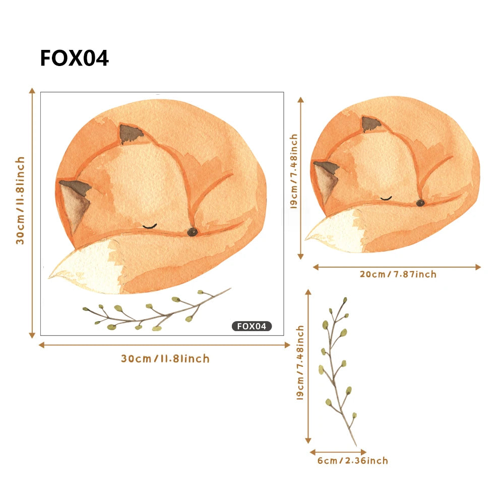 Boho style sleeping fox and branch wall decals in watercolor orange and green, with size dimensions.