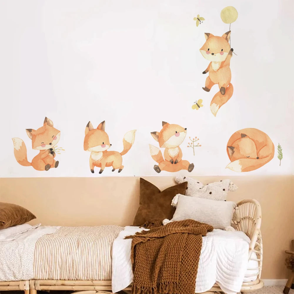 Boho fox and animal wall decals for kids' rooms, featuring watercolor-style orange foxes and butterflies.