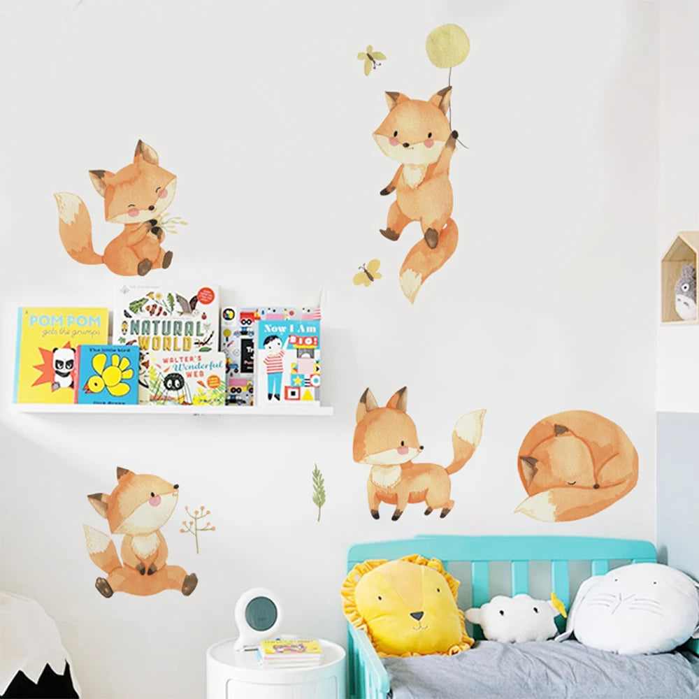 Boho fox and animal PVC wall decals for a child's room, featuring playful foxes, butterflies, and leaves.