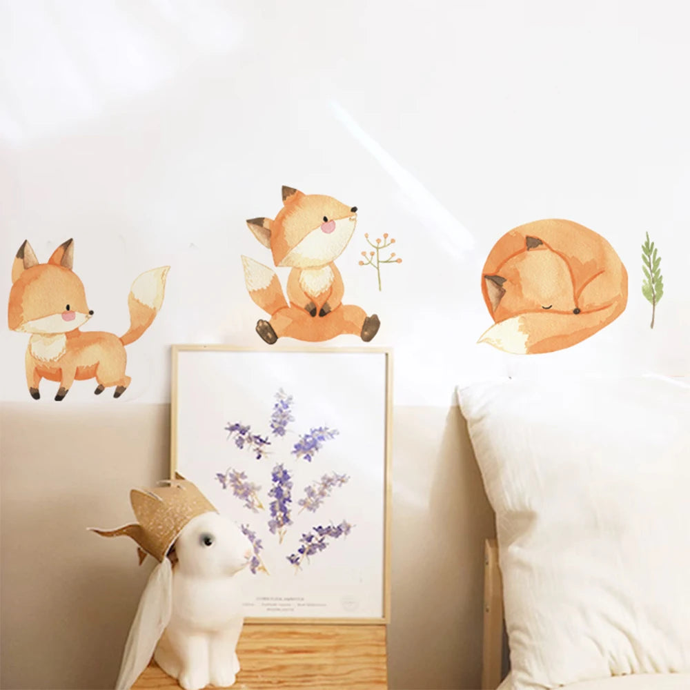 Boho fox and animal wall decals for kids' rooms, featuring orange foxes in various poses.