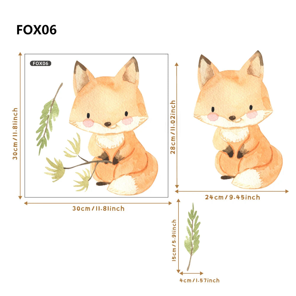 Boho watercolor fox and leaf wall decals for kids' rooms, showing dimensions.