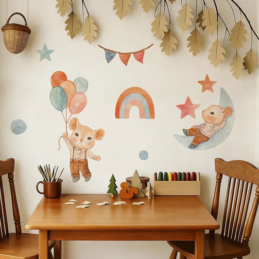 Cute cartoon mouse wall decals with balloons, rainbow, and stars for a kids' room.