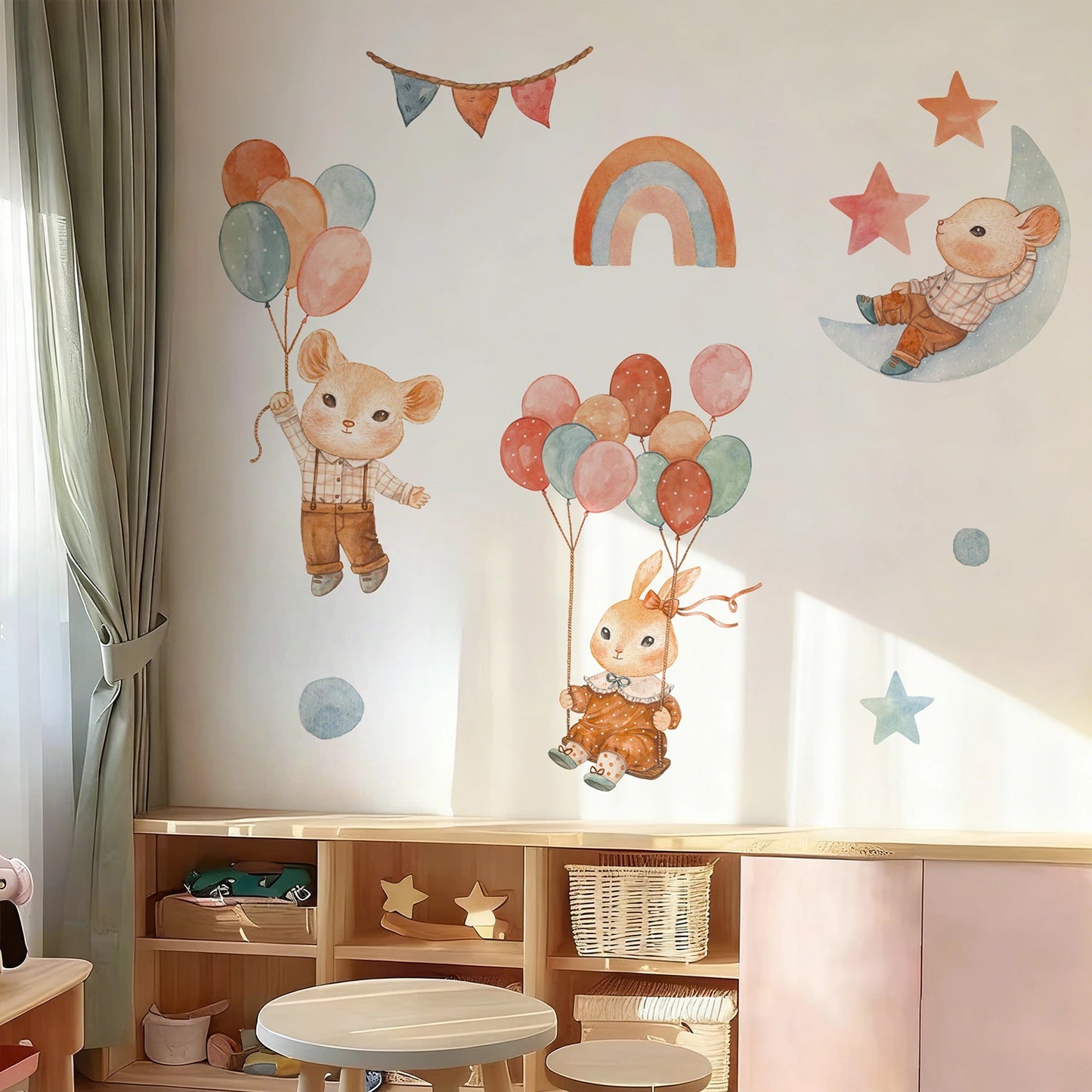 Cartoon animal wall decals for kids' room: mouse with balloons, bunny on swing, bear on moon, rainbow, and stars.