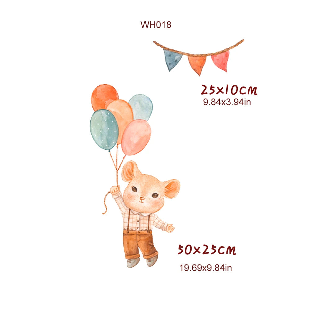 Watercolor cartoon mouse holding colorful balloons wall decal, with decorative bunting.