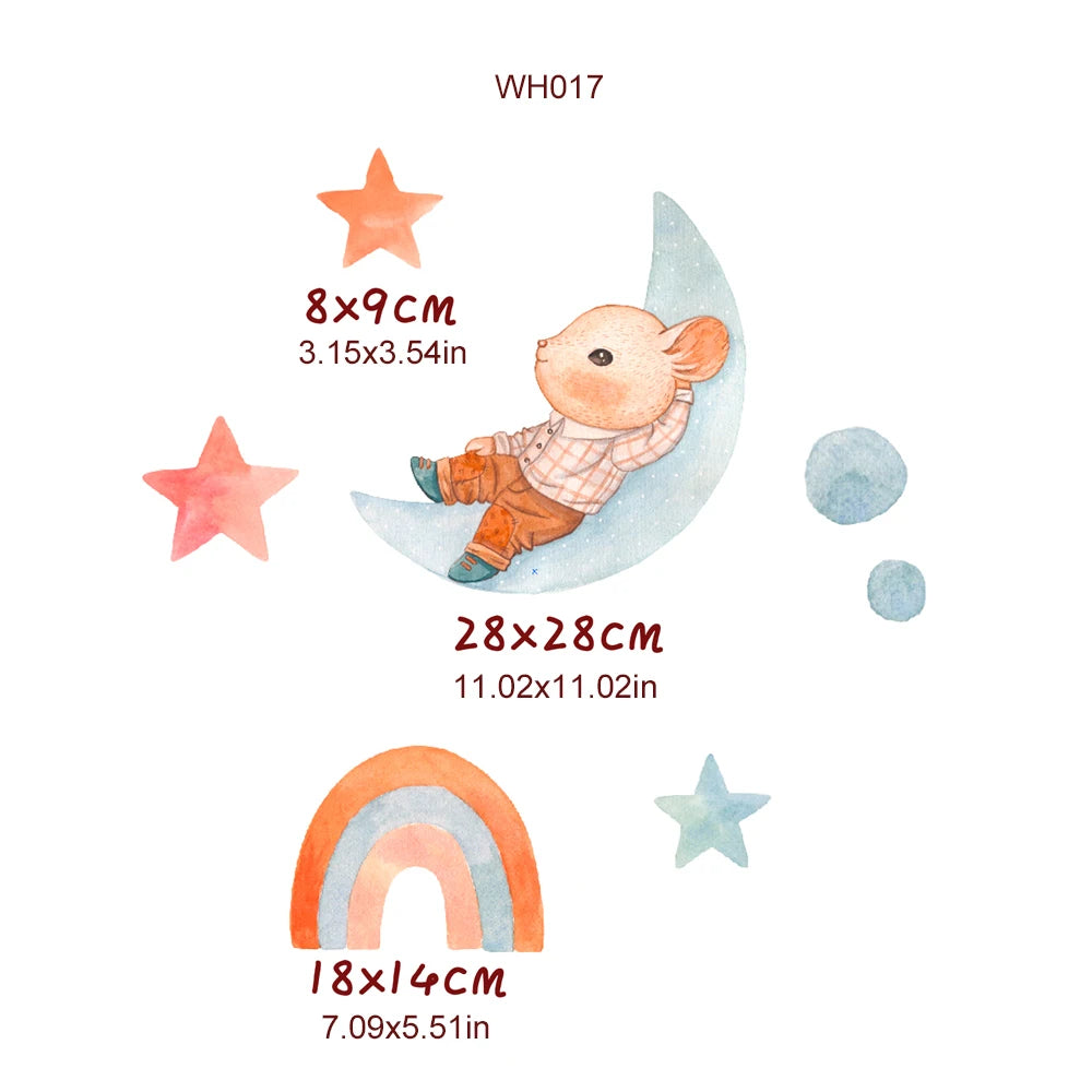 Watercolor cartoon mouse on moon wall decals with stars and rainbow, PVC, for kids' rooms.
