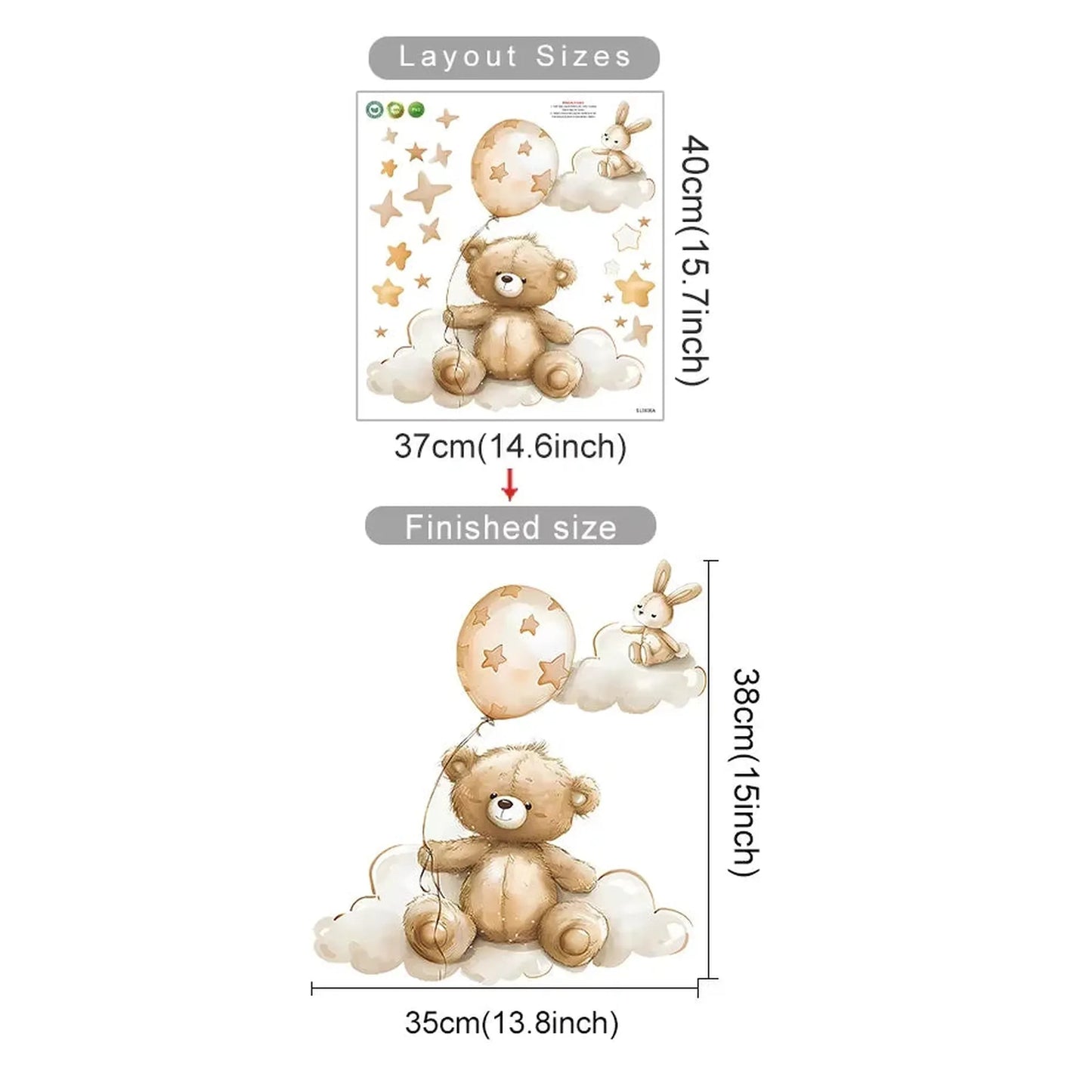 Brown teddy bear and rabbit hot air balloon wall decals with stars and clouds, showing layout and finished sizes.