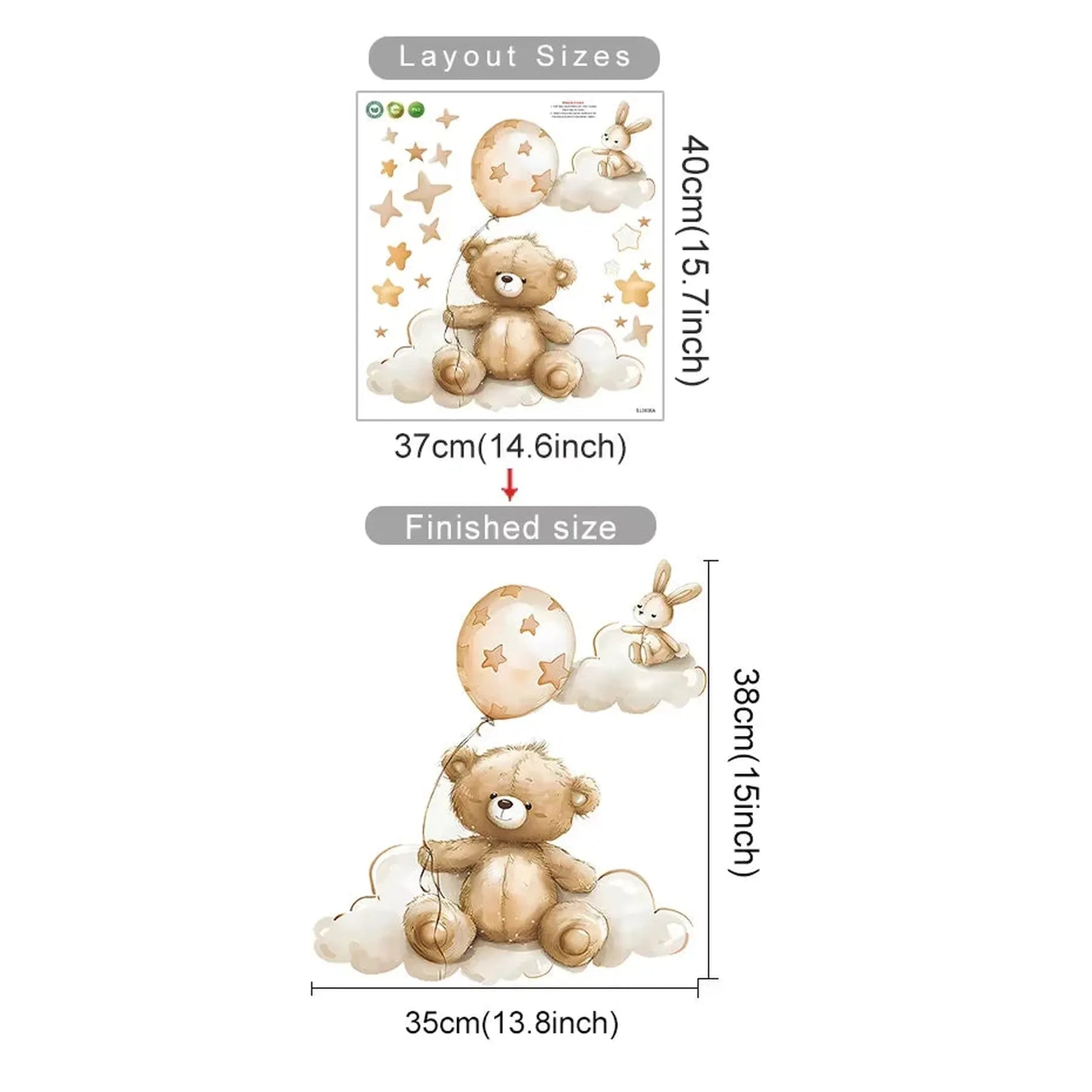 Brown teddy bear and rabbit hot air balloon wall decals with stars and clouds, showing layout and finished sizes.