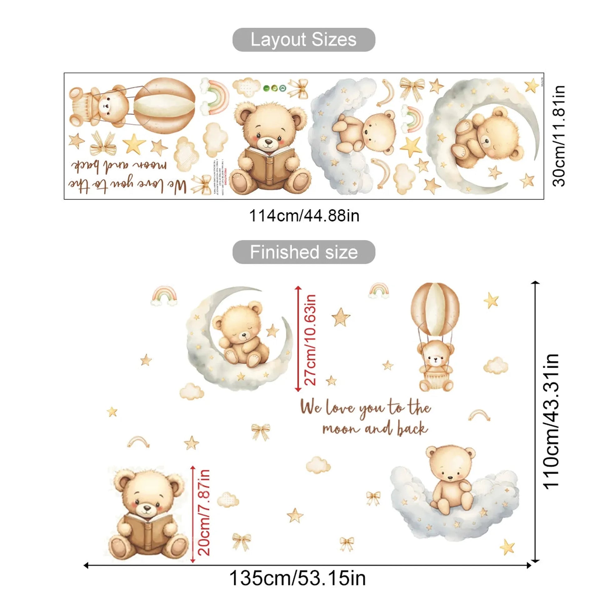 Cute bear and rabbit hot air balloon wall decals with moon, stars, and "We love you to the moon and back" text.