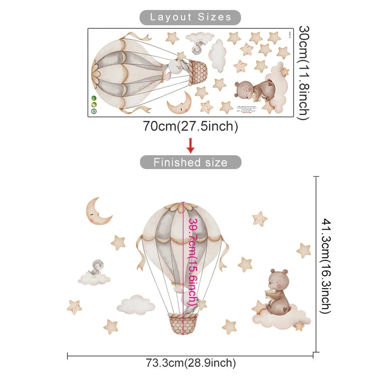 Nursery wall decals with bears, rabbits in a hot air balloon, stars, and clouds, showing layout and finished sizes.