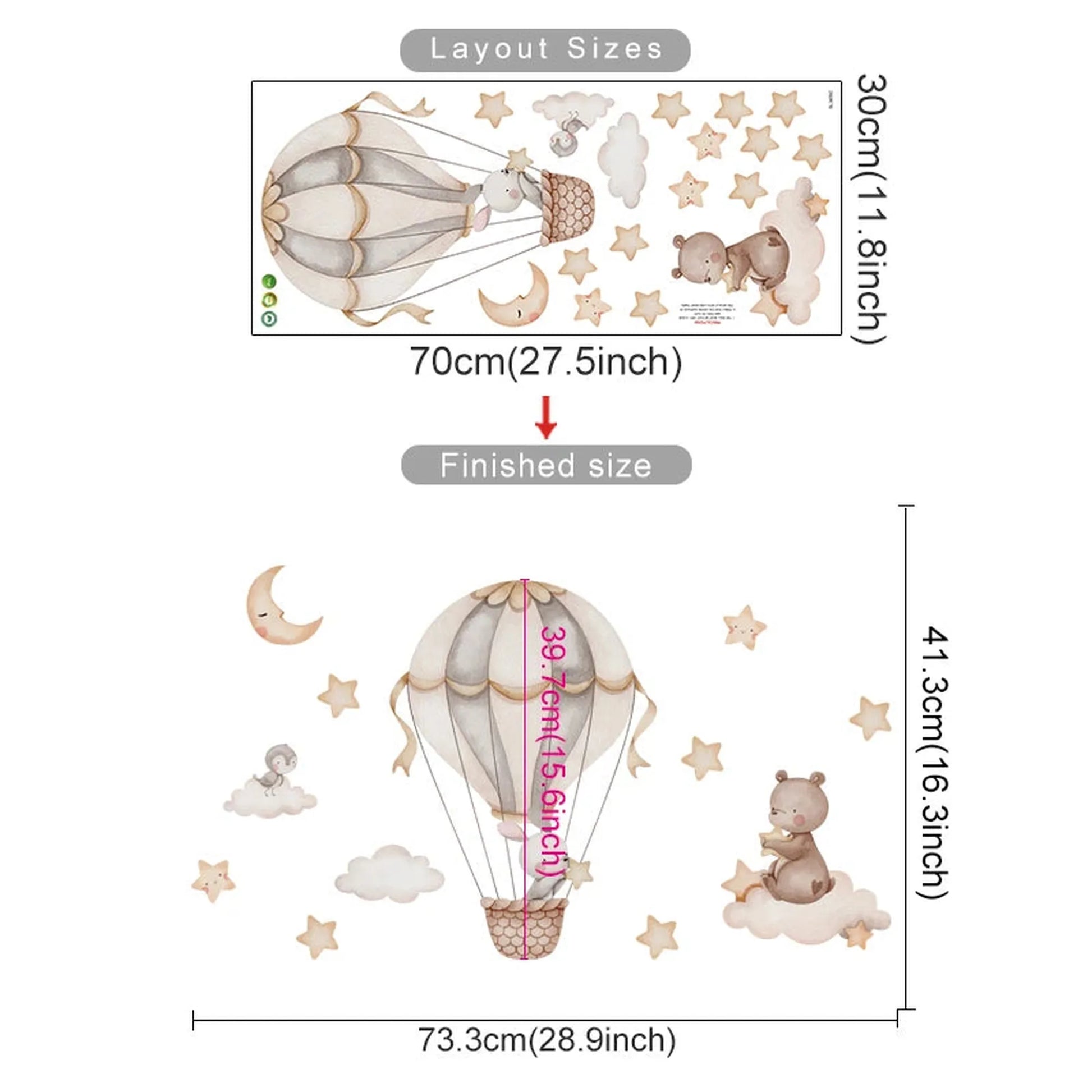 Nursery wall decals with bears, rabbits in a hot air balloon, stars, and clouds, showing layout and finished sizes.