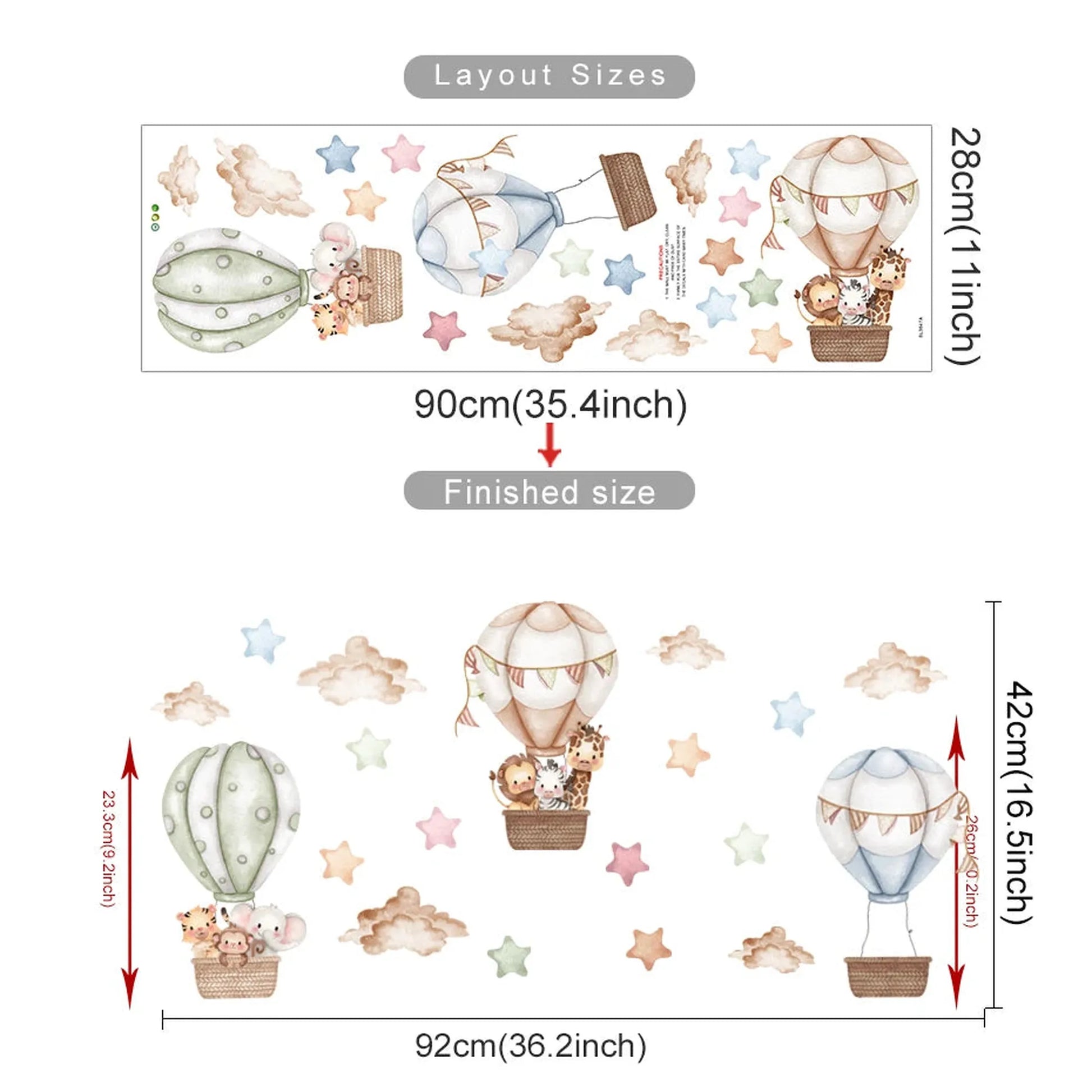 Nursery wall decals with bears, rabbits, and other animals in hot air balloons, clouds, and stars.