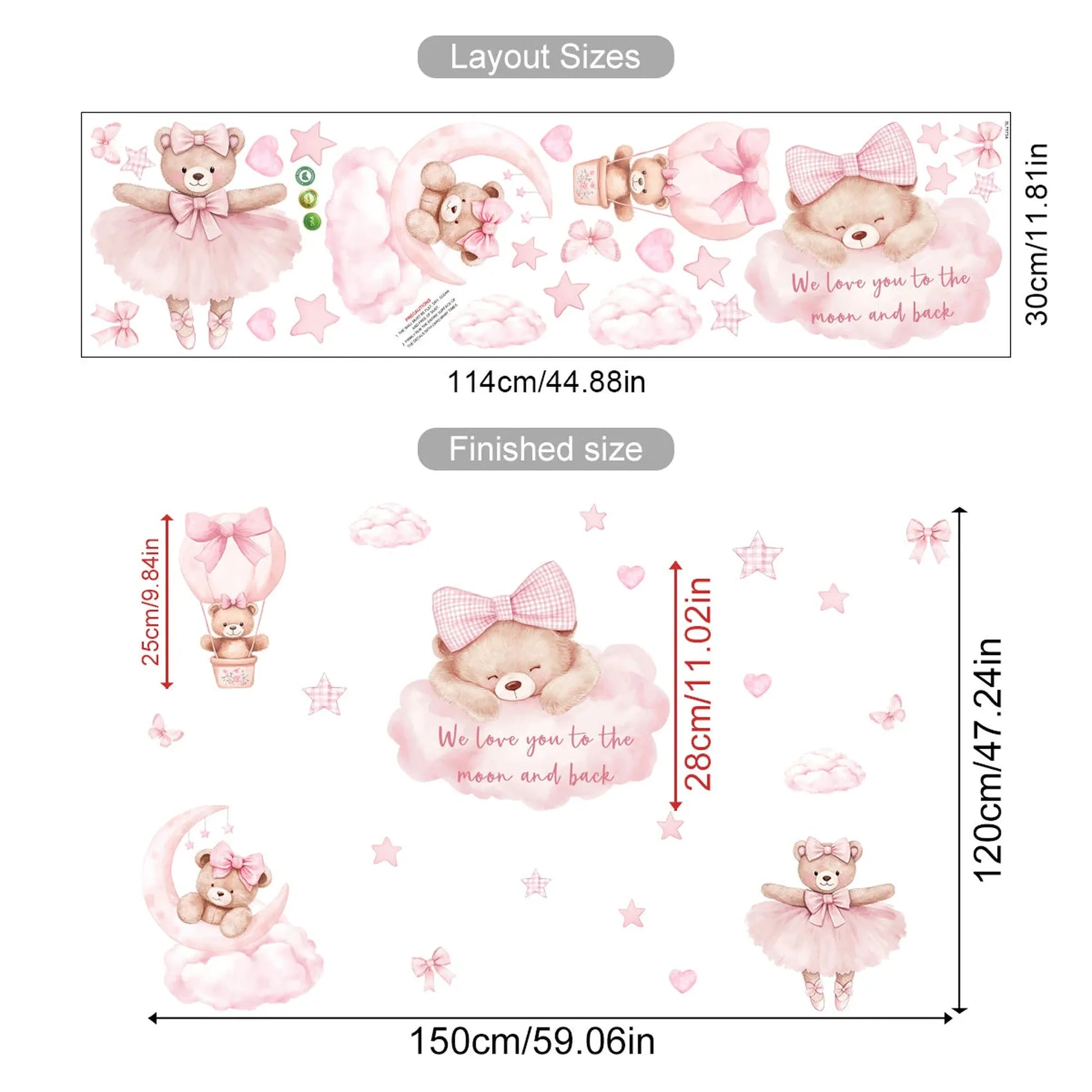 Pink bear and bunny hot air balloon wall decals with moon and stars, showing layout and finished sizes.