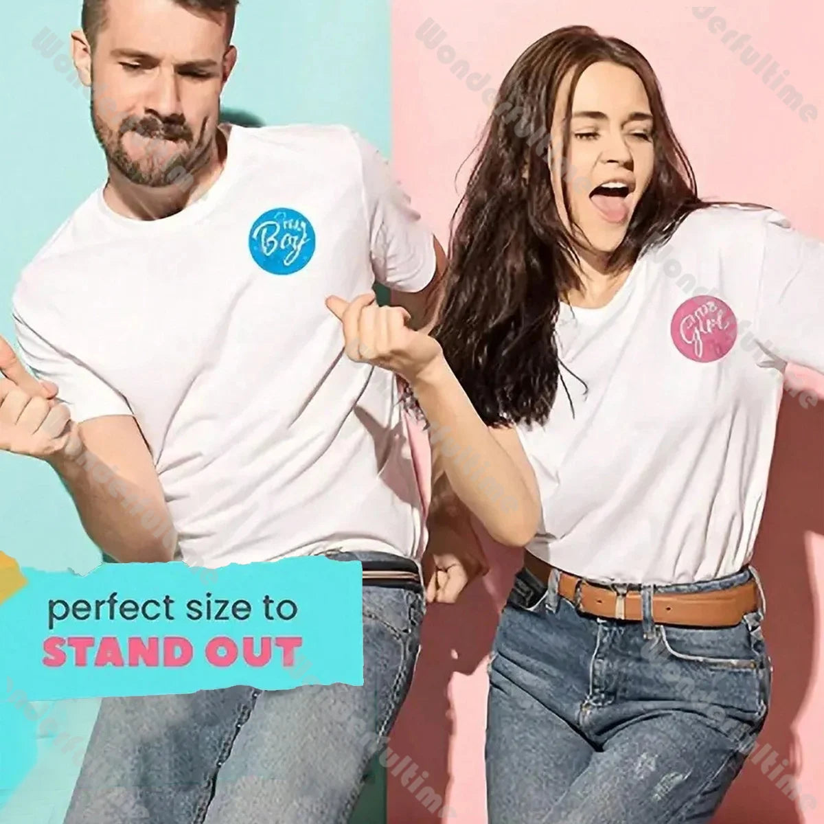 Man and woman in white t-shirts with "Team Boy" blue and "Team Girl" pink gender reveal stickers.