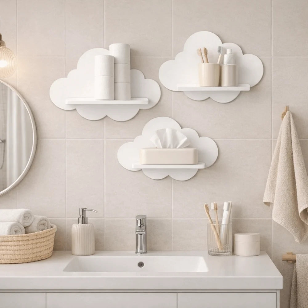 Three white wooden cloud-shaped wall shelves in a bathroom, holding toiletries and decor.