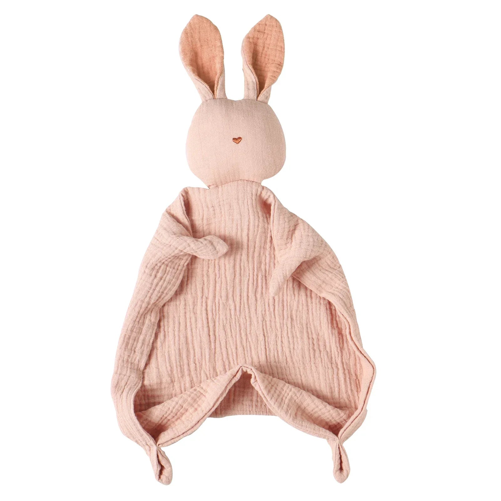 Pink muslin cotton baby comforter with cute bunny head and long ears.