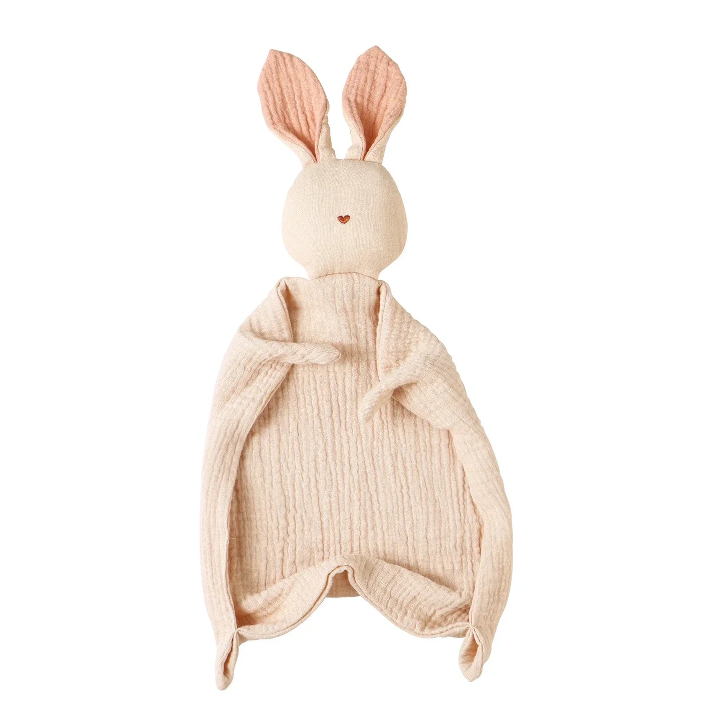 Soft pink muslin cotton baby security blanket with cute bunny doll head and long ears.