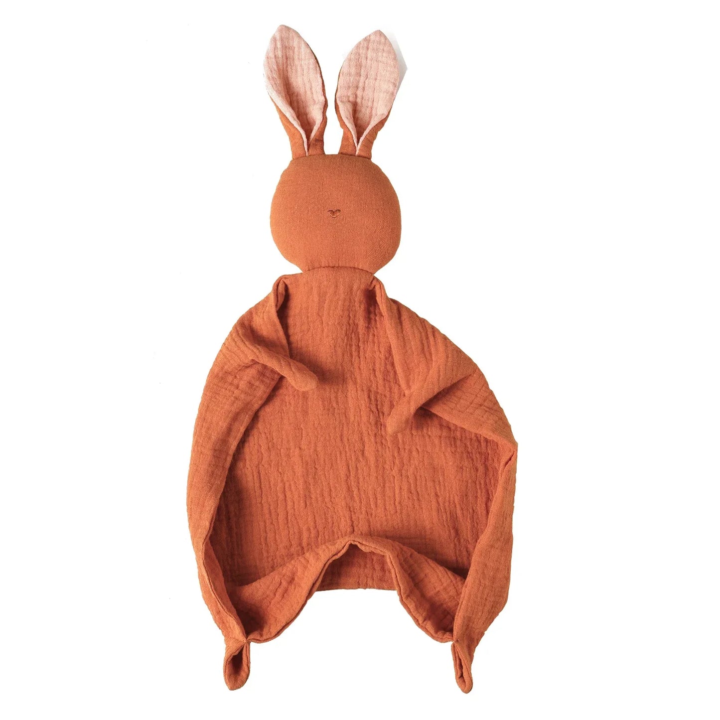 Soft rust muslin baby security blanket with cute bunny head and ears.