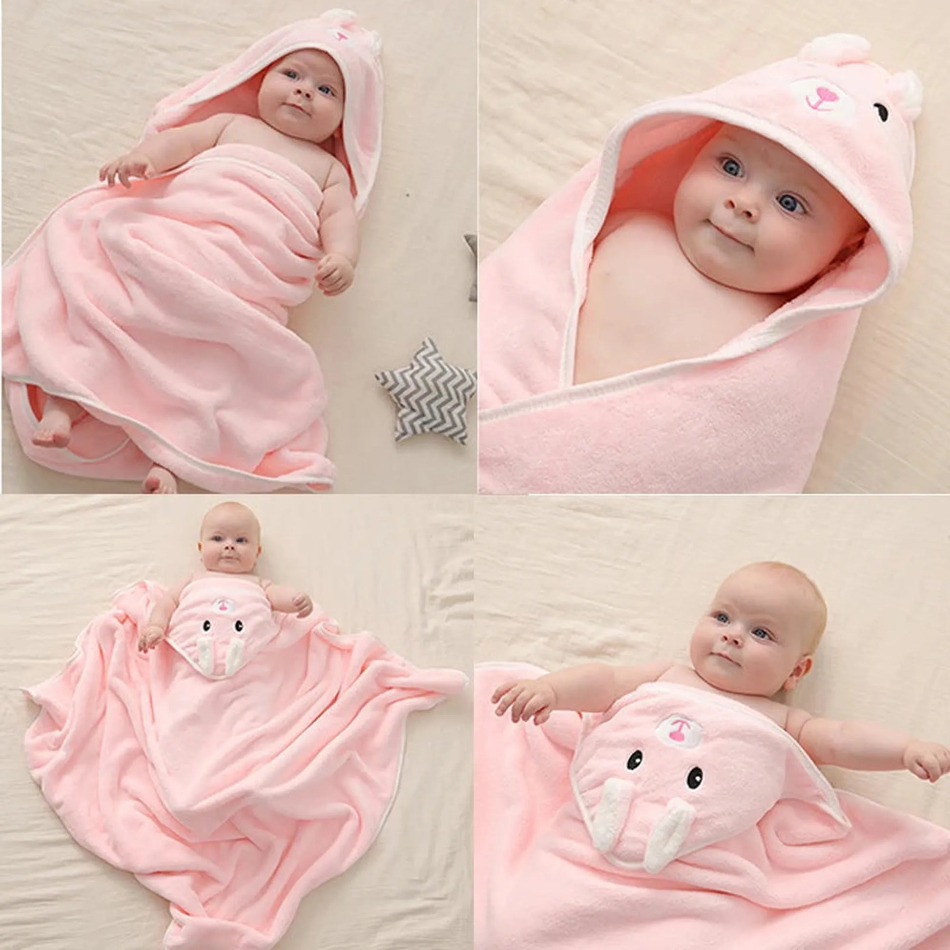 Pink coral fleece baby hooded towel with cute bunny ears design, 80x80cm, perfect for newborns.
