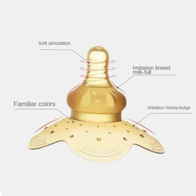 Soft amber silicone nipple shield with an ergonomic design for comfortable breastfeeding.