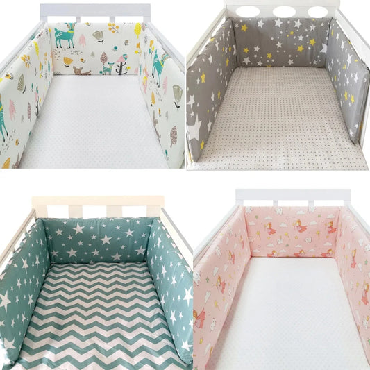 Four crib bumpers: white with forest animals, gray with yellow stars, mint green chevron with white stars, and pink with princesses.
