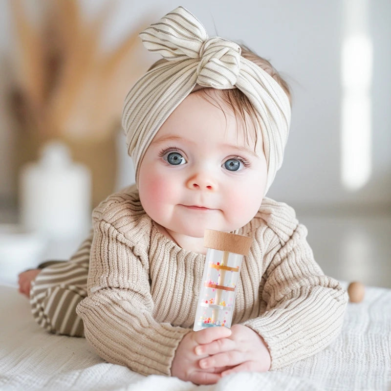 Cute baby in a beige outfit and headband holding a clear Montessori rainbow rain stick rattle.
