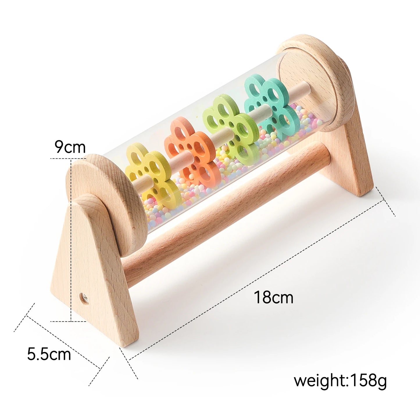 Montessori wooden rain stick rattle with colorful beads and flower shapes, 18cm long.