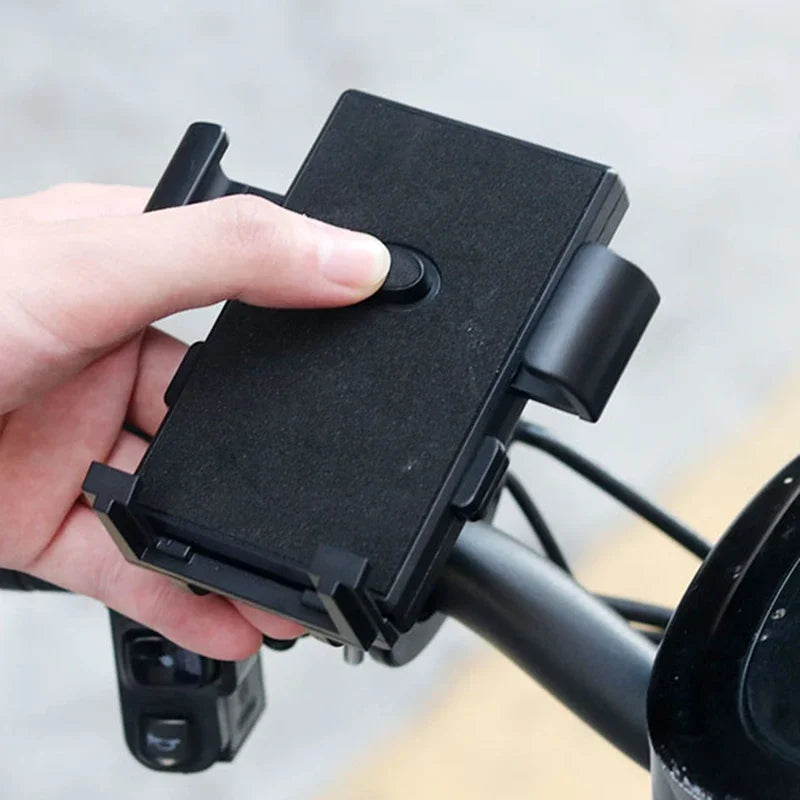 Black universal phone holder for stroller, 360-degree rotation, durable plastic, clip-on design.