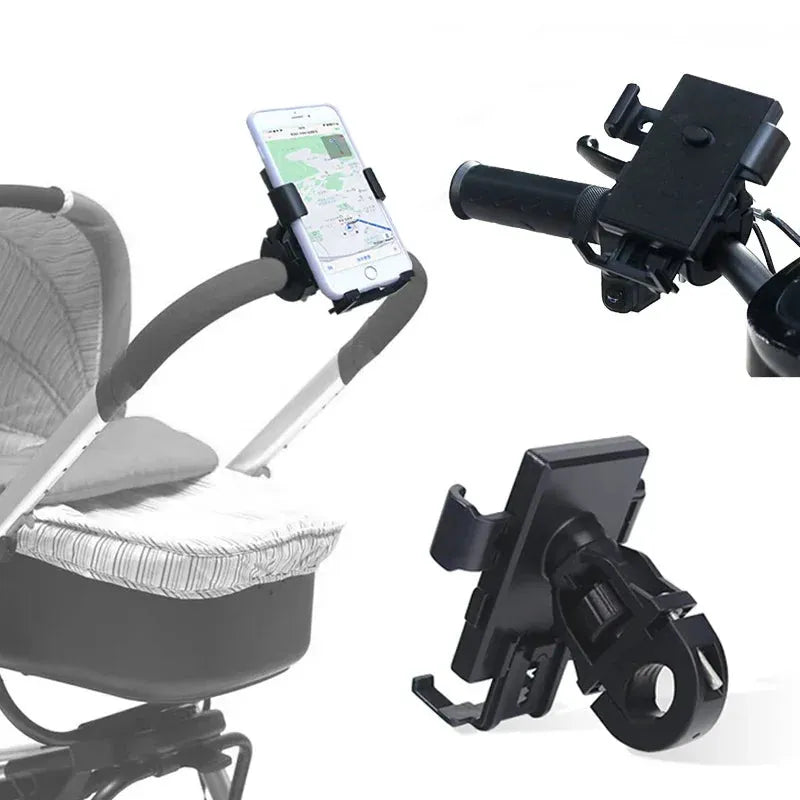 Black universal 360-degree rotating phone holder for strollers and handlebars, shown with a phone.